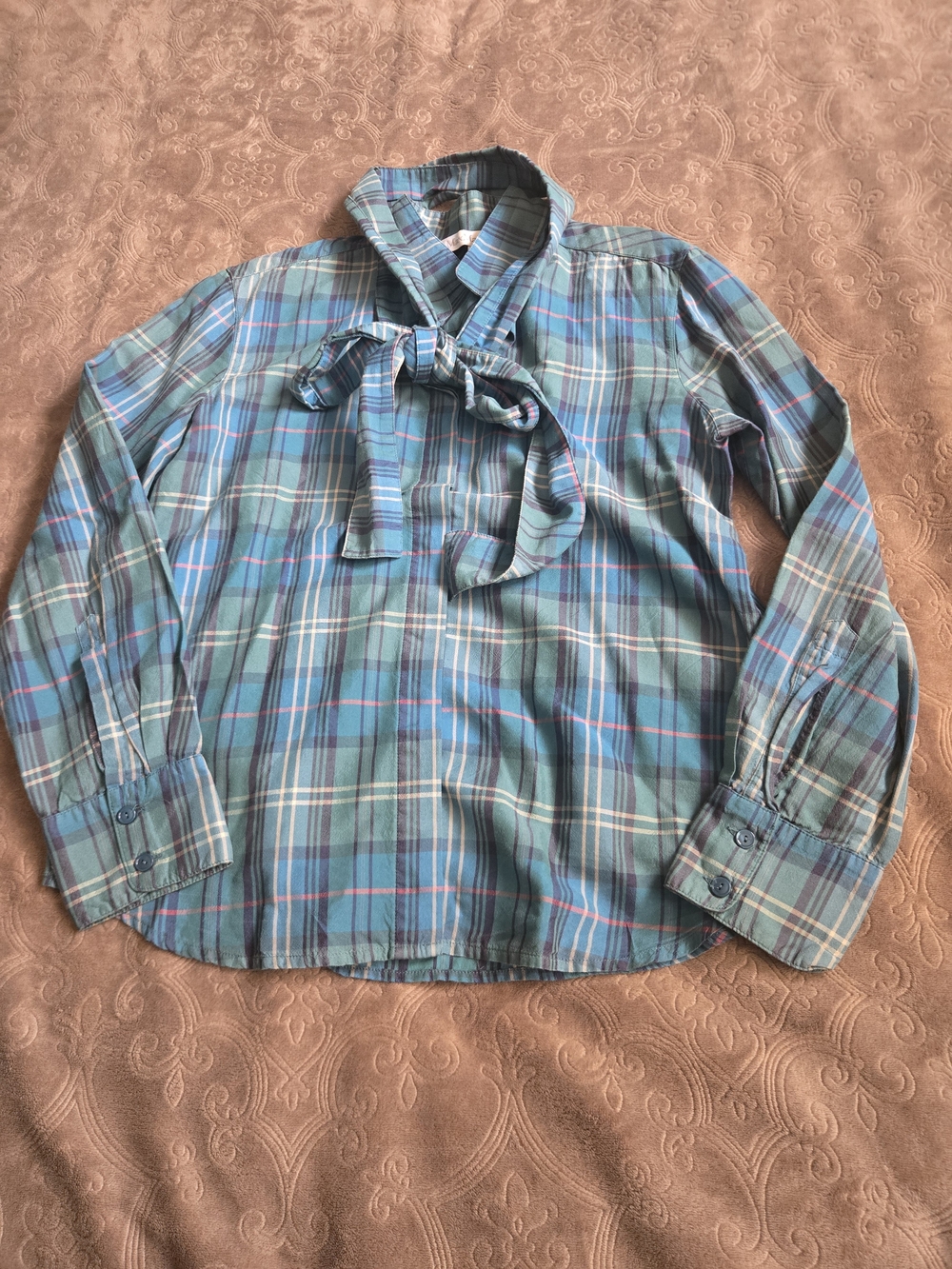 Max Mara Plaid Tie Neck Bow Blouse Made in Italy Sz 8